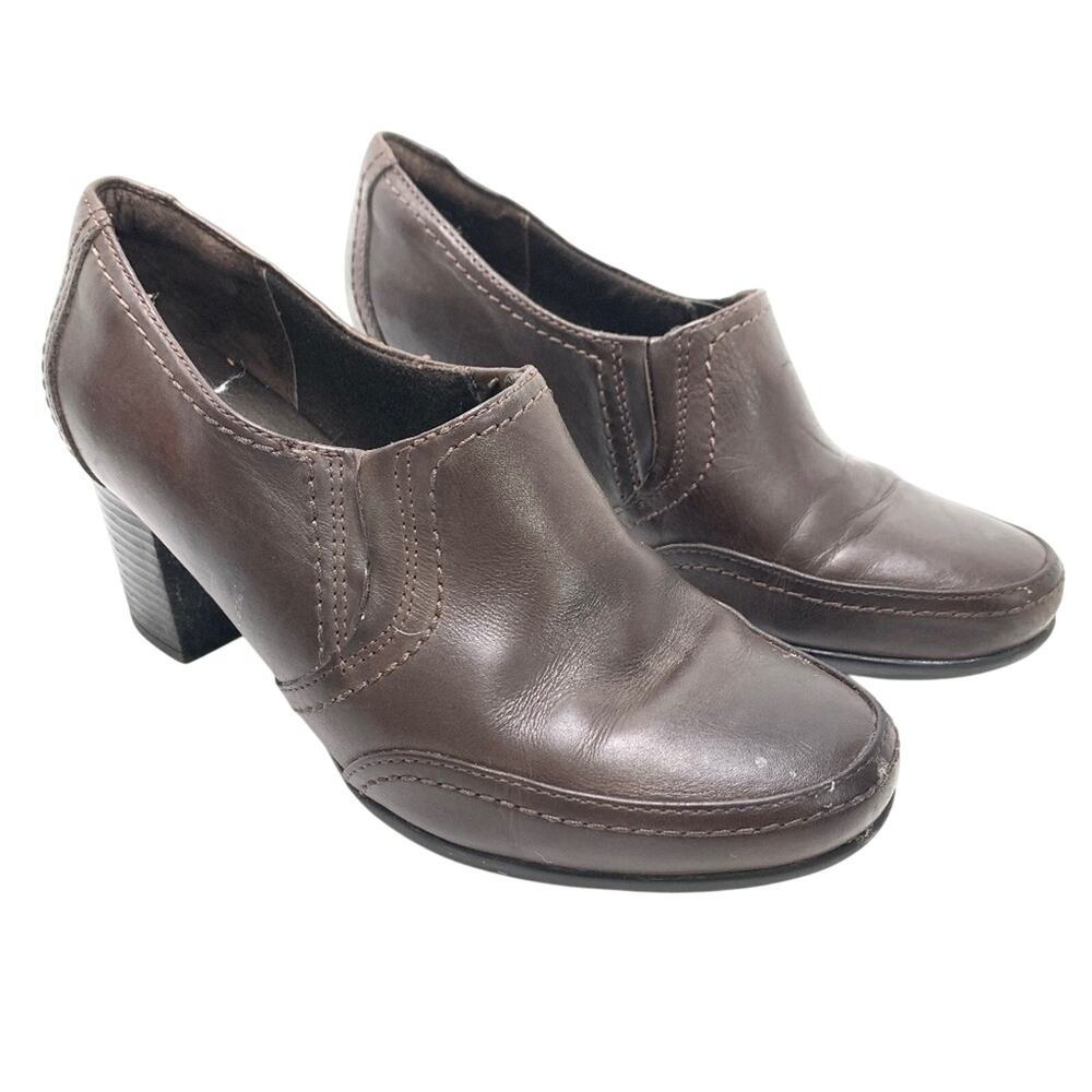 CLARKS Chocolate Brown Chunky Block High Heels Clogs Booties Leather Shoes 9 W